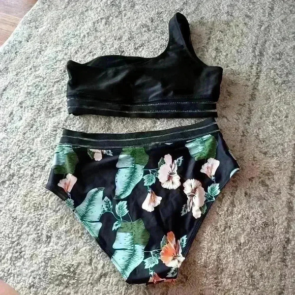 Shein Womens Black Floral 2 Piece One Shoulder Swimsuit L - Picture 3 of 16